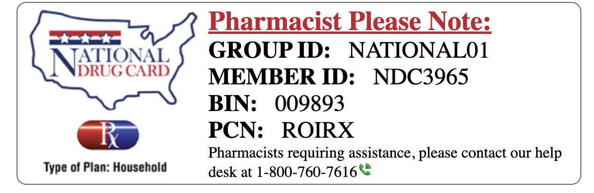 National Drug Card prescription savings with member id